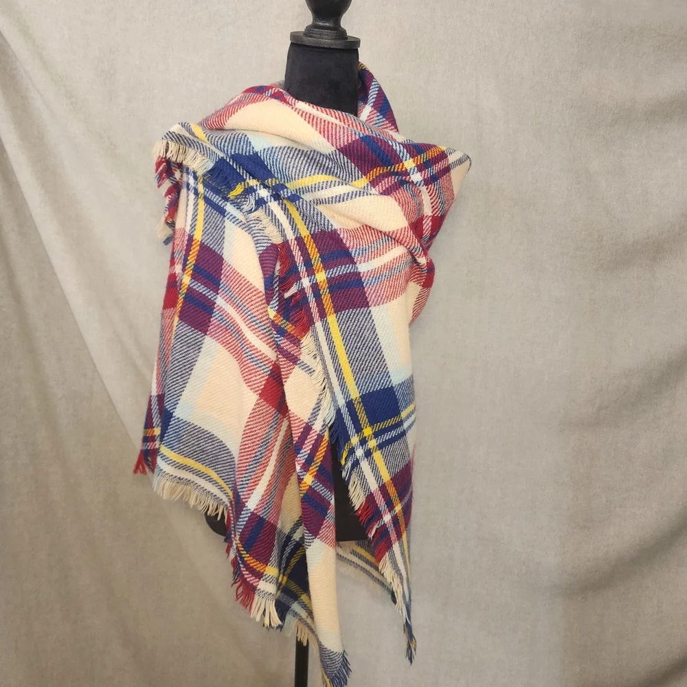 Women's Plaid Red Blue Yellow Tan Large Blanket Wrap Shawl Scarf